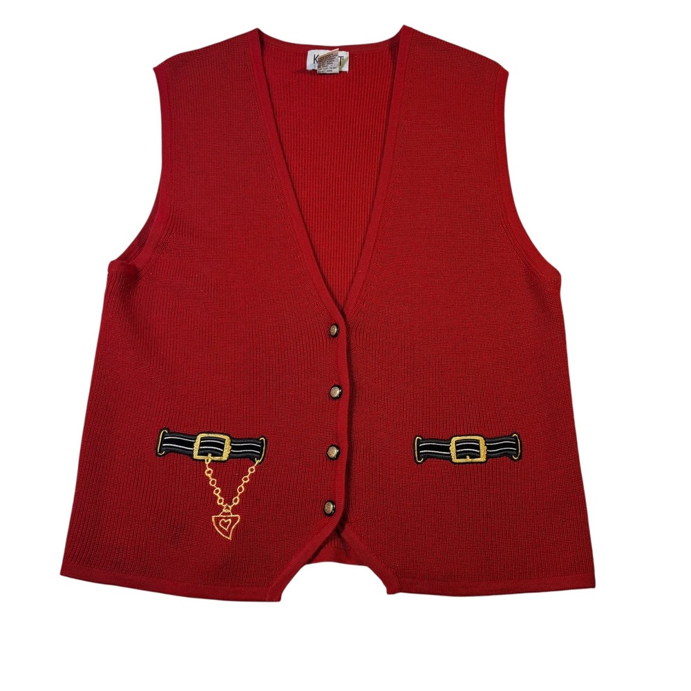 Vintage Koret‎ Sweater Vest Medium Red Wool Blend Novelty Belted Knitwear